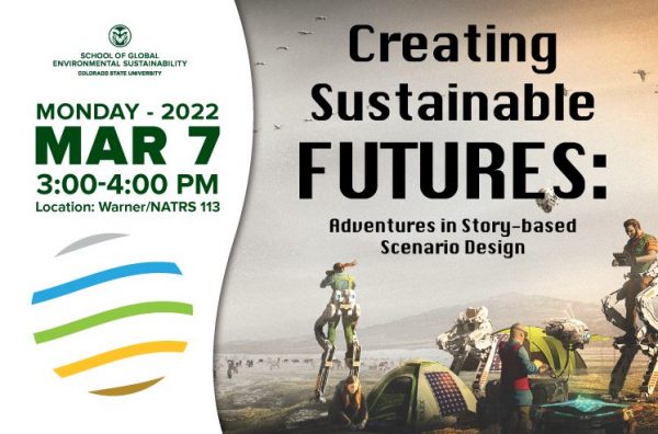 Flyer depicts title of event with futuristic scene that includes a solar-powered tent, people walking on robotic stilts, and birds and drones flying around.