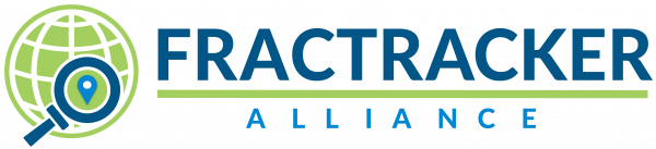 FracTracker Alliance logo depicts a light green earth with gridlines. a bright blue magnifying glass hovers in the lower part of the globe