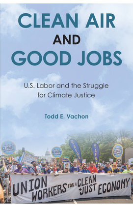 Book jacket with background of sky blue with workers striking in foreground.