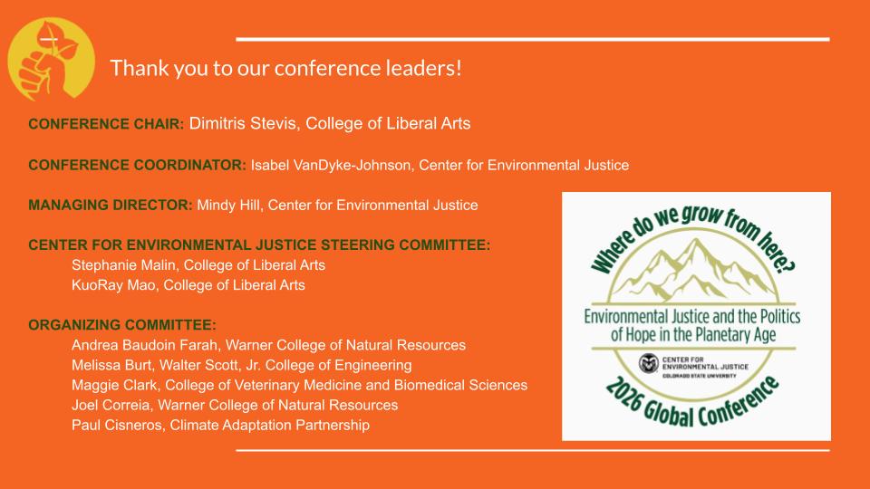 Orange background with a yellow circle in upper left corner and white conference logo in lower right hand corner.